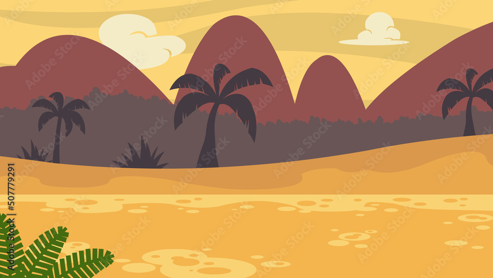 Cartoon Tropical Background With Palms Tree Vector Hand Drawn Flat Illustration Design