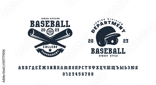 Cyrillic serif font in sport style and baseball emblem