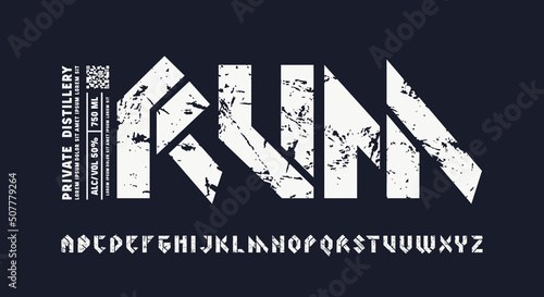 Stencil-plate sans serif font in viking style and template label for rum