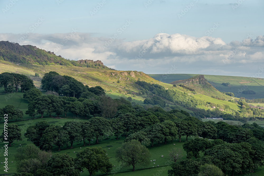 View of the rural landscape of The Roaches and Hen Cloud from Hanging Stone in the Peak District. View of the rural landscape of The Roaches and Hen Cloud from Hanging Stone in the Peak District.