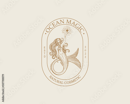 Mermaid logo. Brand template vector illustration. Siren and marine girl with a tail. Vintage Hand drawn vector illustration for logo and poster