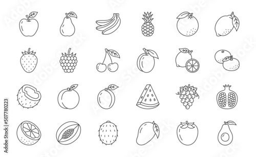 Fruit and berry doodle illustration including icons - strawberry, apple, pineapple, raspberry, pomegranate, avocado, watermelon, coconut. Thin line art about healthy organic food. Editable Stroke