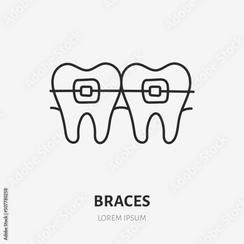 Braces doodle line icon. Vector thin outline illustration of human teeth. Black color linear sign for orthodontic dentistry