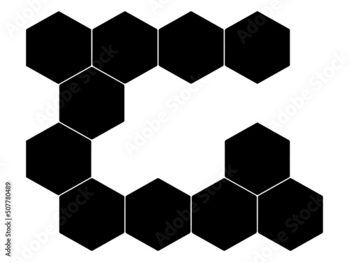 Black hexagon, honeycomb, design elements, shapes, pattern with no strokes. Use for photo collection, collage, template, frame, overlay, montage. Transparent background. Vector illustration.