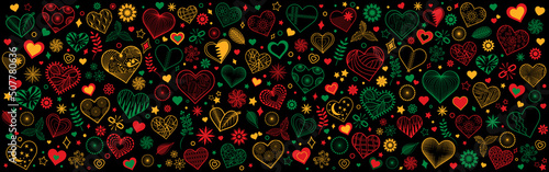 Black History Month and Juneteenth inspired hearts & floral horizontal doodle background. Modern banner design. Vector Graphic resource with different group elements. Headers, posters, cards, websites