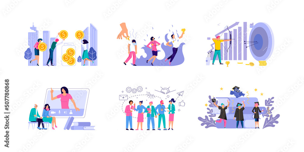 Set of office work, teamwork, Hiring employees, Mental rehabilitation concepts Set of office work, teamwork, Hiring employees, Mental rehabilitation concepts