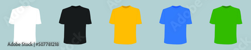 Set of colorful blank t-shirt mockups. Casual summer clothes. Template of shirts for men and women, boys and girls. Sportswear dress isolated.