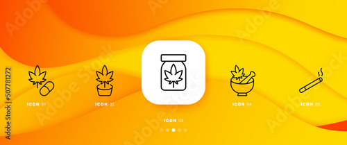 Medicine set icon. Drugs, tobacco, hemp, marijuana, cannabis, smoking, injection, legalize, relax, rest. Infographic timeline with icons and 5 steps Vector line icon for Business and Advertising