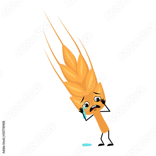 Cute ear of wheat character with crying and tears emotion, sad face, depressive eyes, arms and legs. Healthy cereal with melancholy expression and posture, vitamin rich food. Vector flat illustration