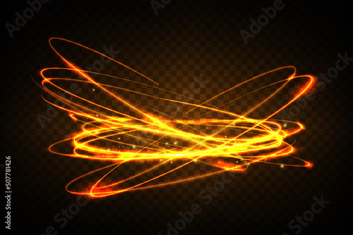 Golden glowing shiny spiral lines effect vector background. EPS10. Abstract light speed motion effect. Shiny wavy trail. Light painting. Light trail. Vector eps10.