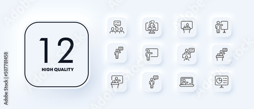Online education set icon. Website, team building, group, students, lecture, conference, couple, university, etc. Learning concept. Neomorphism style. Vector line icon for Business and Advertising