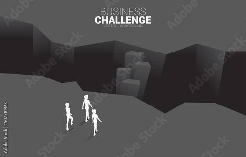 group of businessman and businesswoman walking on step forward to abyss. concept of business challenge and courage man