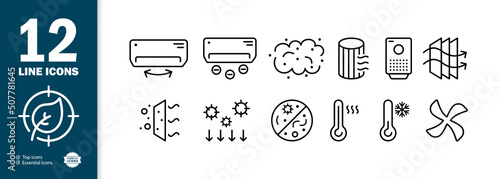 Clean air set icon. Air conditioning, purification, dust, viruses, filter, fan, air circulation, temperature, etc. Fresh air concept. Vector line icon for Business and Advertising
