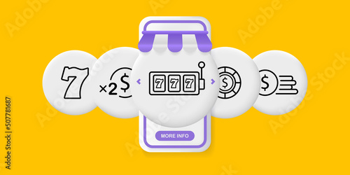 Casino set icon. Bets, slots, roulette, doubling, winning, profit, bookmaker, chips. Gamble concept. UI phone app screens with people. Vector line icon for Business and Advertising