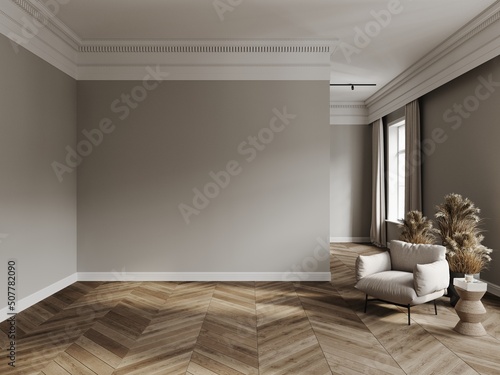 Room in classical style mockup with chair  wooden floor  grey walls  curtains and vases 3d render