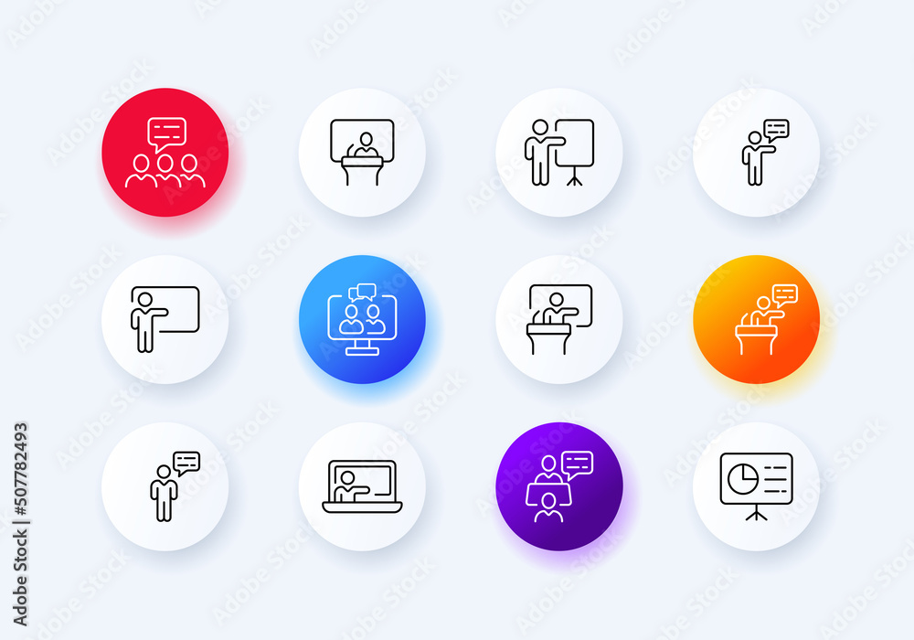 Education set icon. Teamwork, team building, presenter, lecture, conference, board, diagrams, student, etc. Knowledge concept. Neomorphism style. Vector line icon for Business and Advertising