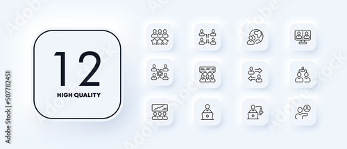 Teamwork set icon. Education, office work, team building, arrows, analytics, infographics, diagram. Data analysis concept. Neomorphism style. Vector line icon for Business and Advertising