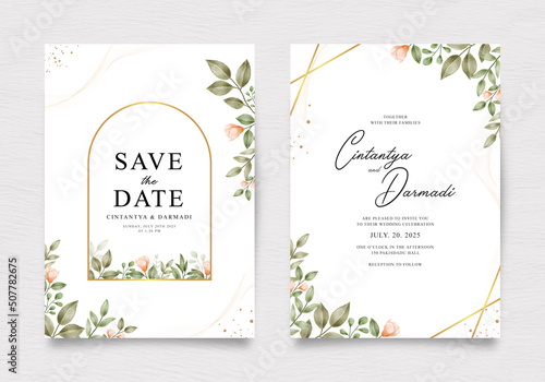 Elegant wedding invitation template with floral watercolor