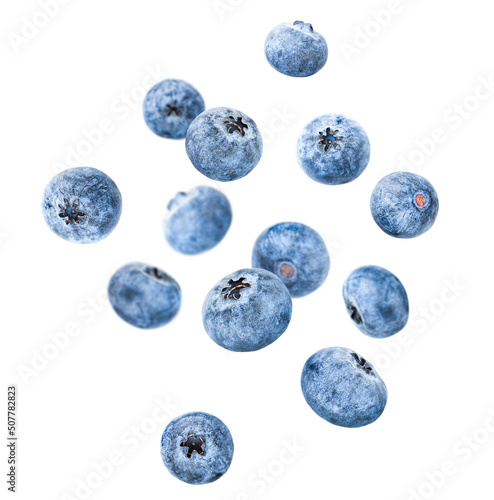 levitating blueberries on a white isolated background