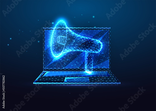 Futuristic digital advertising, broadcasting concept with glowing low polygonal megaphone and laptop