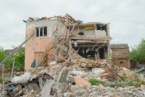 Houses of civilians destroyed by russian army. War against Ukraine concept