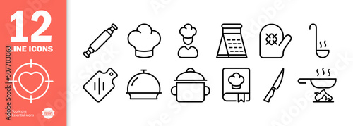 Cooking set icon. Rolling pin, chef's hat, grater, oven mitt, ladle, cutting board, saucepan, cookbook, knife, frying pan. Food concept. Vector line icon for Business and Advertising