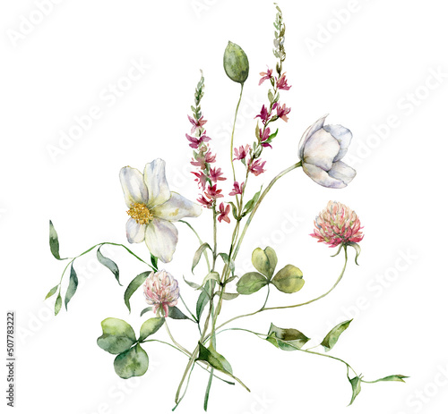 Watercolor meadow flowers bouquet of buttercup, clover, bindweed and sage. Hand painted floral poster of wildflowers isolated on white background. Holiday Illustration for design, print, background. photo