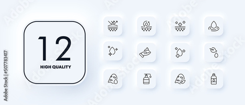Cosmetic procedures set icon. Treat facial skin, face, drop, moisturizer, liquid, cream, lotion, mask, leaf, eco. Self care concept. Neomorphism style. Vector line icon for Business and Advertising