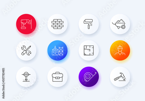 Construction set icon. Drill, wall, roller, cart, wrench, lift load, builder, drill, tape measure, hammer, nail. Repairs concept. Neomorphism style. Vector line icon for Business and Advertising