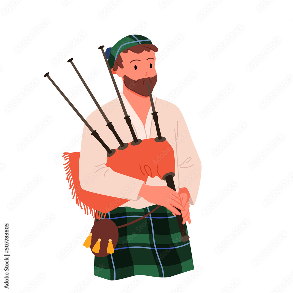Scottish bagpipe player. Woodwind traditional musical instrument