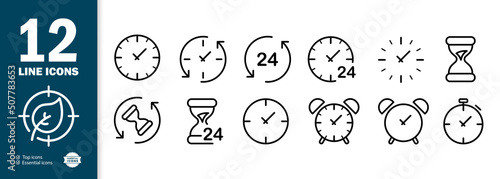 Clock set icon. Wristwatch, dial, around the clock, circular hand, hourglass, alarm clock, stopwatch, countdown. Time concept. Vector line icon for Business and Advertising