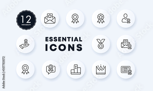 Victory set icon. Letter, envelope, star, medal, order, crown, winner, hand, first place. Reward concept. Neomorphism style. Vector line icon for Business and Advertising