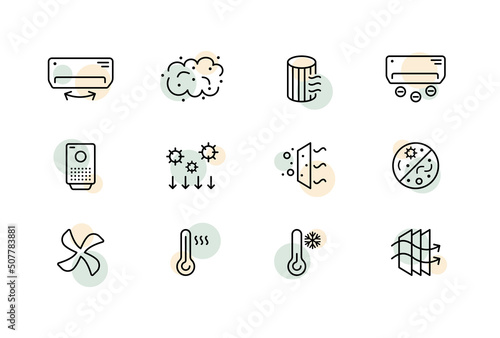 Air set icon. Air conditioning, dust, air freshener, heater, arrows, circulation, thermometer, temperature. Atmosphere concept. Vector line icon for Business and Advertising