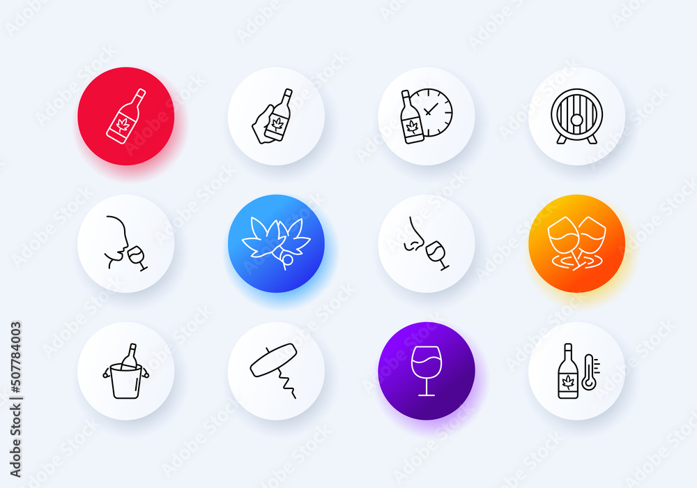 Alcohol set icon. bottle, wine, wine glass, time, barrel, drink, drunk, grapes, corkscrew, thermometer, sniff, aroma. Tasting concept. Neomorphism style. Vector line icon for Business and Advertising Alcohol set icon. bottle, wine, wine glass, time, barrel, drink, drunk, grapes, corkscrew, thermometer, sniff, aroma. Tasting concept. Neomorphism style. Vector line icon for Business and Advertising