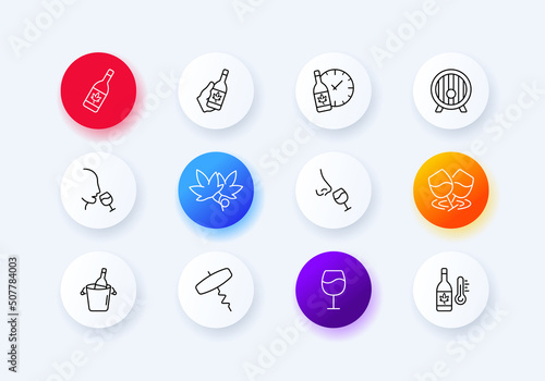 Alcohol set icon. bottle, wine, wine glass, time, barrel, drink, drunk, grapes, corkscrew, thermometer, sniff, aroma. Tasting concept. Neomorphism style. Vector line icon for Business and Advertising