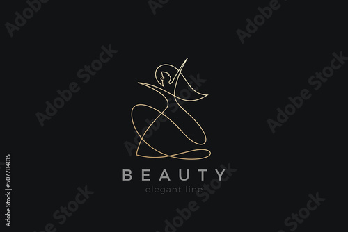 Woman Dancing Elegant Girl Logo design Silhouette vector template Linear Outline style. Luxury Fashion Clothes Boutique Shop Logotype concept icon.