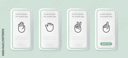 Non verbal communication set icon. Hand, stop, fist, win, two fingers, index finger, point. Sign language concept. UI phone app screens. Vector line icon for Business and Advertising photo