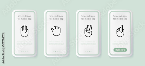 Non verbal communication set icon. Hand, stop, fist, win, two fingers, index finger, point. Sign language concept. UI phone app screens. Vector line icon for Business and Advertising