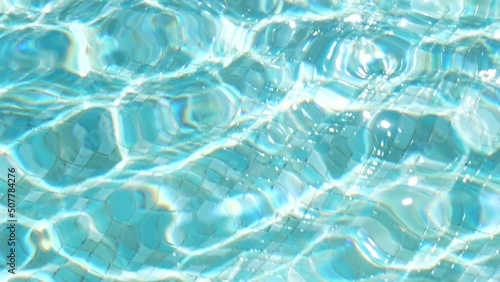 Blurry defocused shiny sunny blue abstract 4k video background of defocused rippling water of outdoor swimming pool. Blurred surface of blue swimming pool