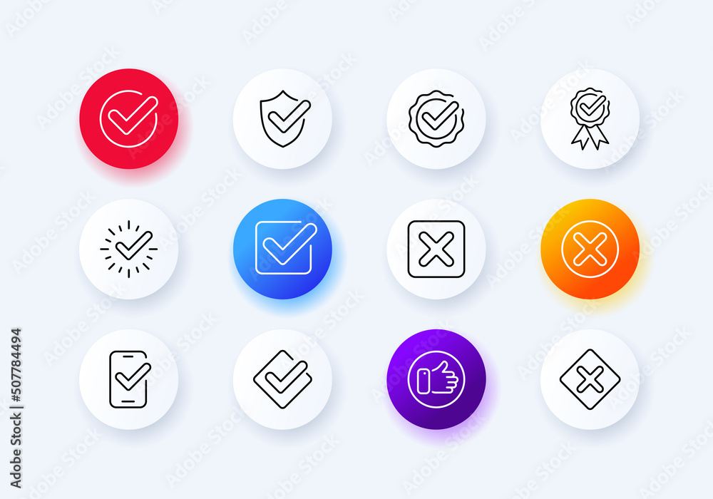 Approved and rejected signs set icon. Check mark and cross, hand, like, correct, incorrect, phone, right, wrong. Business concept. Neomorphism style. Vector line icon for Business and Advertising