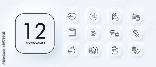 Healthy lifestyle set icon. Cardiogram, heart rate, sleep, proper nutrition, schedule, pills, vitamins, sports. Healthcare concept. Neomorphism style. Vector line icon for Business and Advertising
