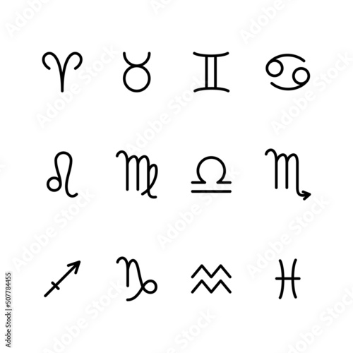 Zodiac signs set. Collection of astrological symbols isolated on a white background. Astrology concept. Vector illustration 10 EPS.