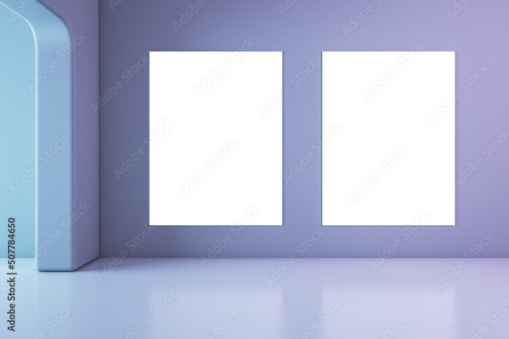 Modern bright gallery interior with white mock up banners on wall. Museum and art concept. 3D Rendering. Modern bright gallery interior with white mock up banners on wall. Museum and art concept. 3D Rendering.