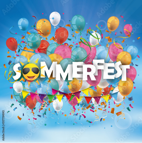 Sommerfest Cover mit bunten Luftballons und Konfetti