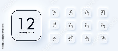 Touch control set icon. Touch screen, press, index finger, arrows, swipe, tap, clock. Gestures concept. Neomorphism style. Vector line icon for Business and Advertising