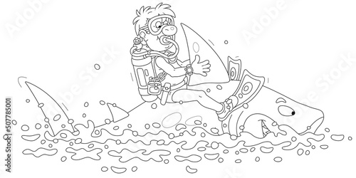 Funny scuba diver with a mask, flippers and an aqualung riding a merry great white shark in a tropical sea on summer vacation, black and white vector cartoon illustration for a coloring book