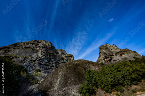 Cliffs and sky near Kastraki, Meteora, Greece. Summer travel photograph