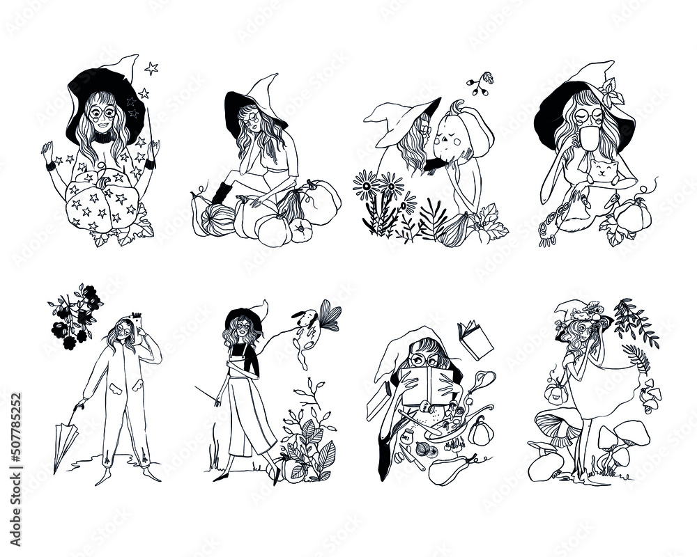 Outline vector Witches girls characters. Cute witches girls and pumpkins. Halloween outline illustrations. Halloween characters. Outline vector Witches girls characters. Cute witches girls and pumpkins. Halloween outline illustrations. Halloween characters.