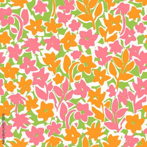Floral seamless pattern. Botanical vector background with painted flowers. Hand drawn meadow. Craftdrawn retro styled small scaled fashion print for fabric, paper, home textile and goods