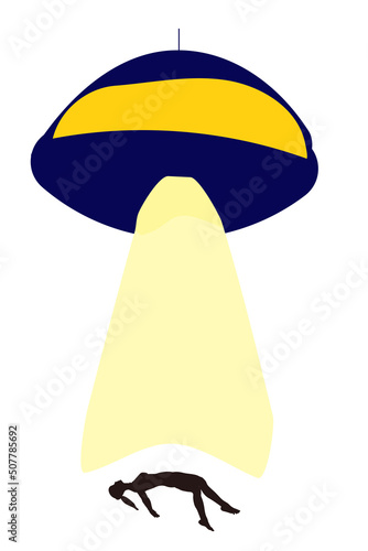 UFO kidnapping human vector illustration. Space ship UFO with bright yellow ray of light abducting a woman people, vertical design isolated on white background.